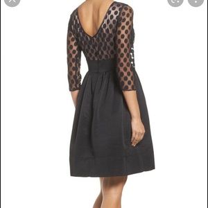 ELIZA J  Womans Black Dot Mesh Bodice 3/4 Sleeve Fit & Flare Dress